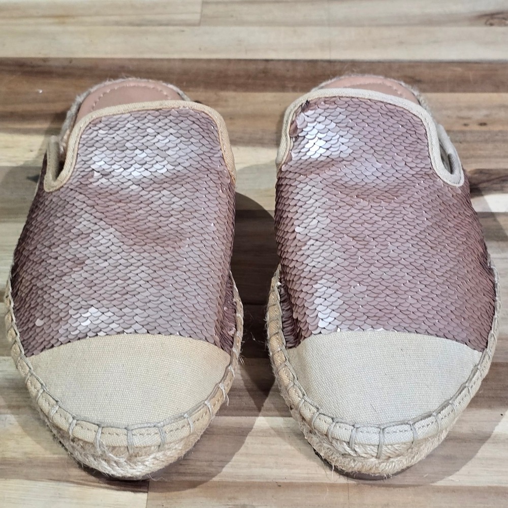 Elloquent Women's Rose Gold Sequin Espadrille Mules Slip On Flat Shoes Size 8M
